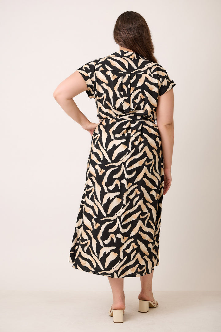 Plus Size Womens Abstract Print Belted Midi Dress
