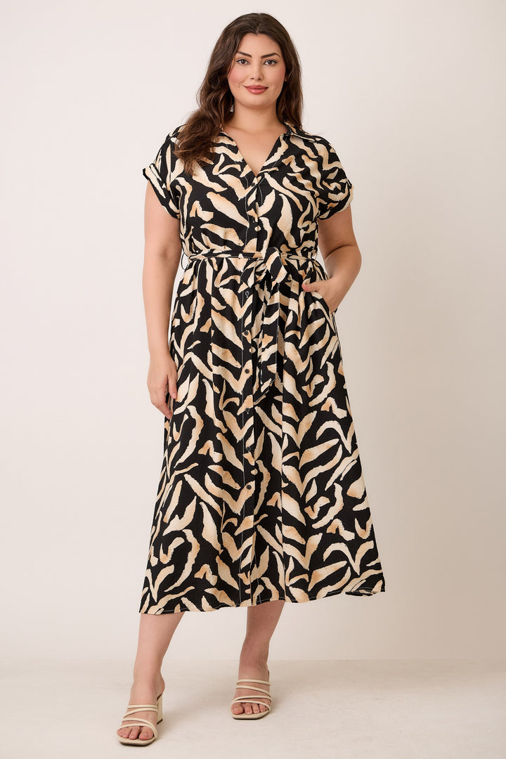 Plus Size Womens Abstract Print Belted Midi Dress
