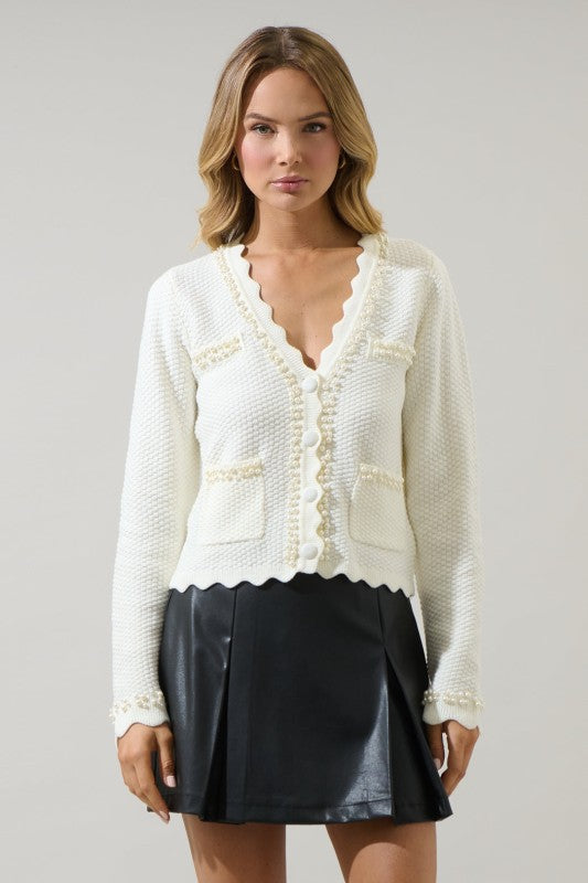 Womens Sugar Lips Scallop Pearl Cardigan