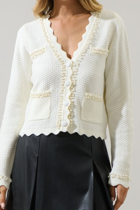 Womens Sugar Lips Scallop Pearl Cardigan