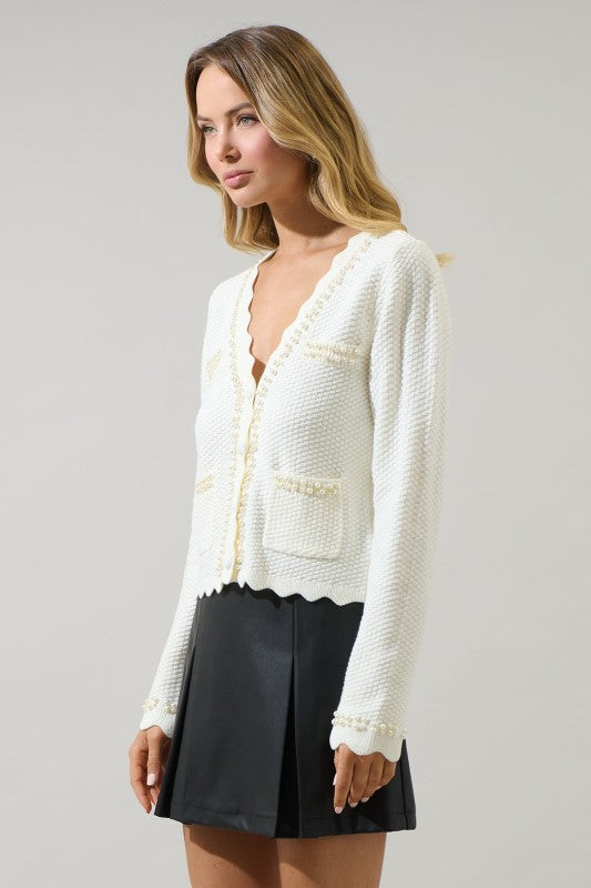 Womens Sugar Lips Scallop Pearl Cardigan