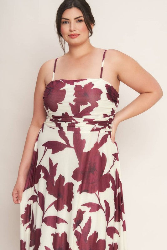 Plus Size Power Mesh Midi Dress Floral White and Burgundy