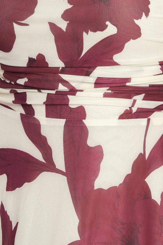 Plus Size Power Mesh Midi Dress Floral White and Burgundy