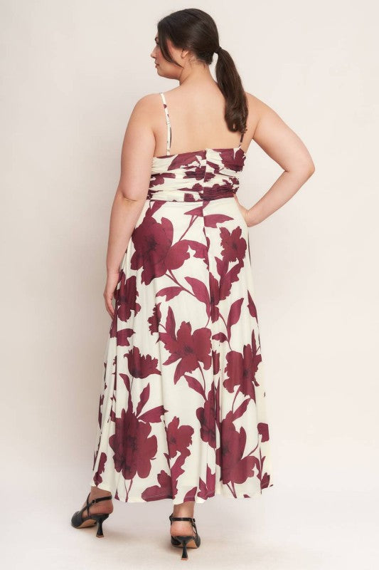 Plus Size Power Mesh Midi Dress Floral White and Burgundy