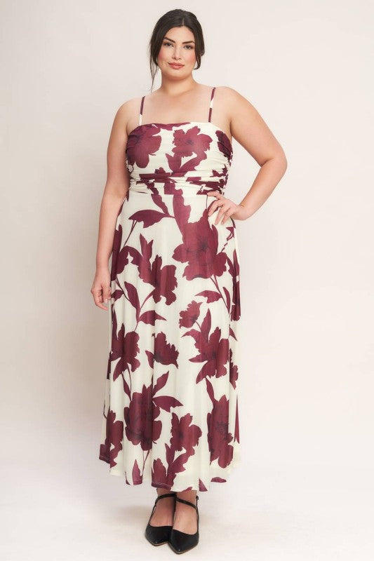 Plus Size Power Mesh Midi Dress Floral White and Burgundy