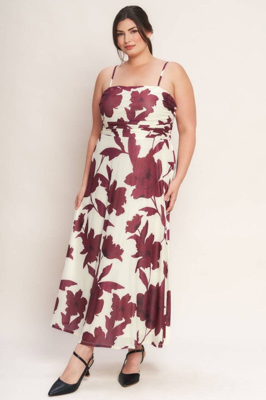 Plus Size Power Mesh Midi Dress Floral White and Burgundy