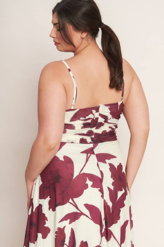 Plus Size Power Mesh Midi Dress Floral White and Burgundy