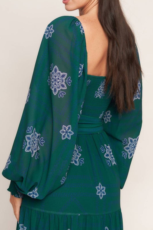 Womens Printed maxi dress in teal with sweetheart neckline
