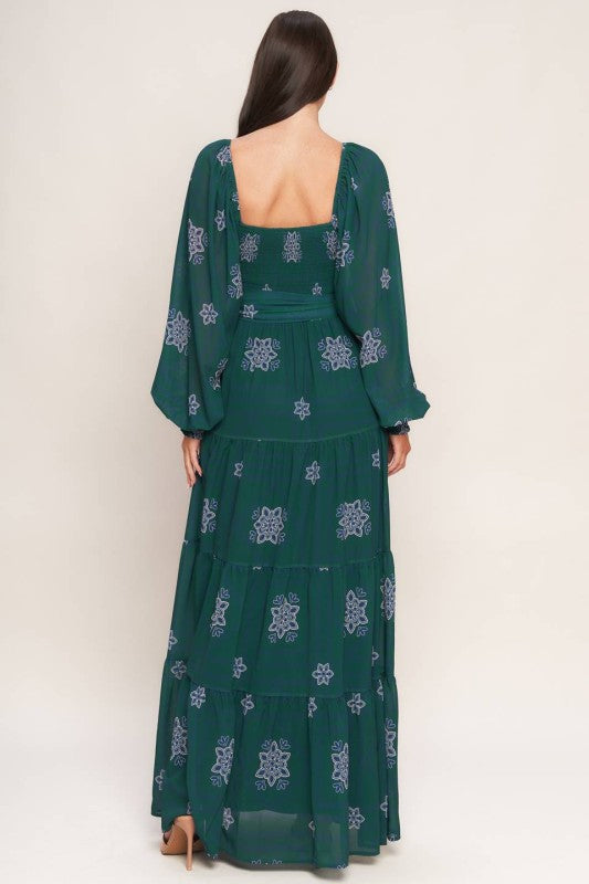 Womens Printed maxi dress in teal with sweetheart neckline