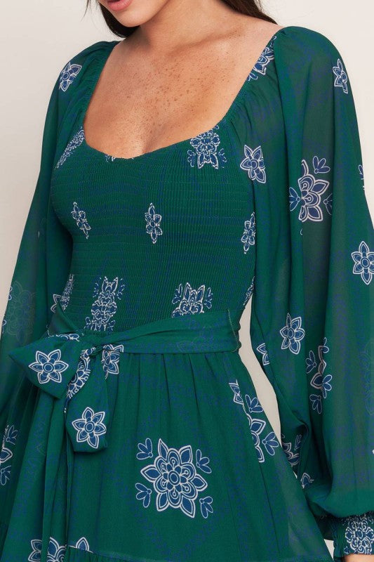 Womens Printed maxi dress in teal with sweetheart neckline