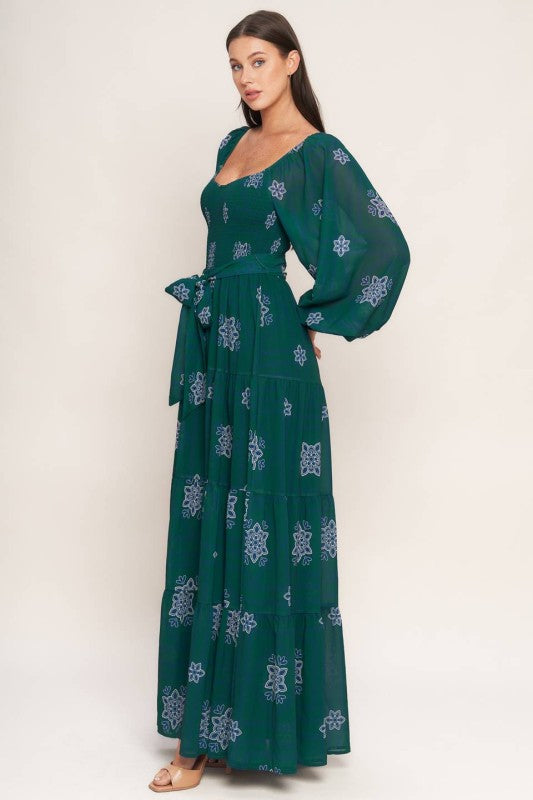 Womens Printed maxi dress in teal with sweetheart neckline