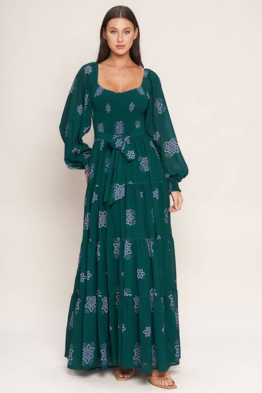 Womens Printed maxi dress in teal with sweetheart neckline