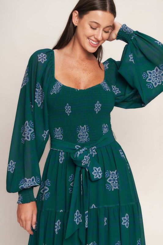 Womens Printed maxi dress in teal with sweetheart neckline