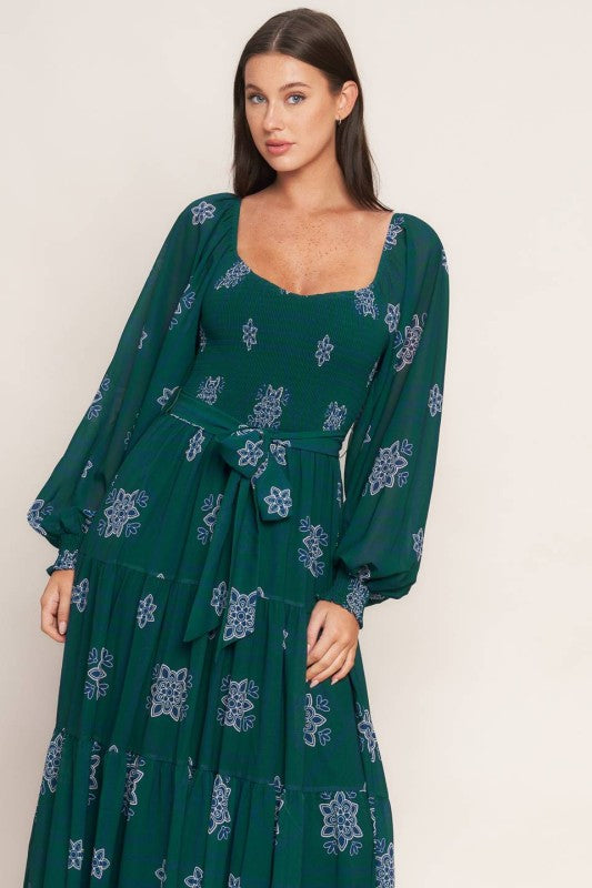 Womens Printed maxi dress in teal with sweetheart neckline