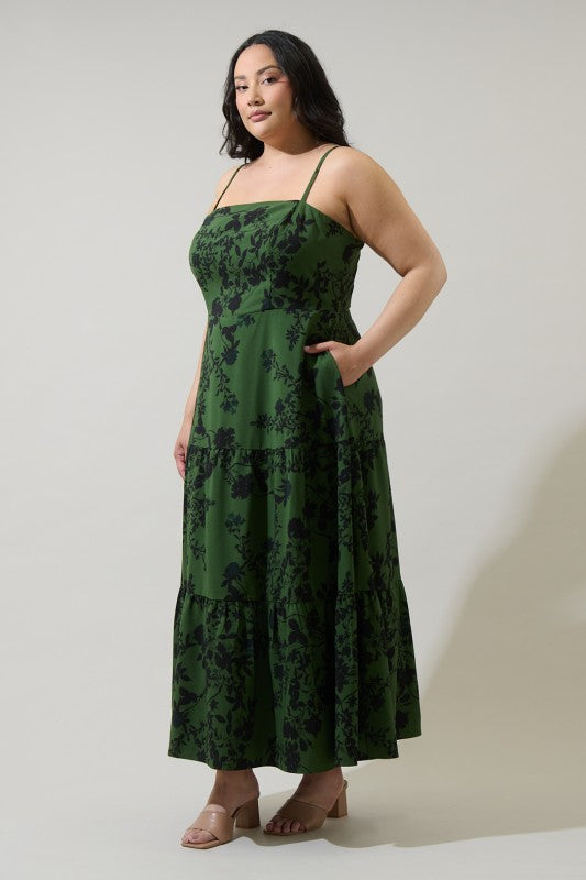 Plus Size Floral Green and Black Tiered Maxi Dress Curve