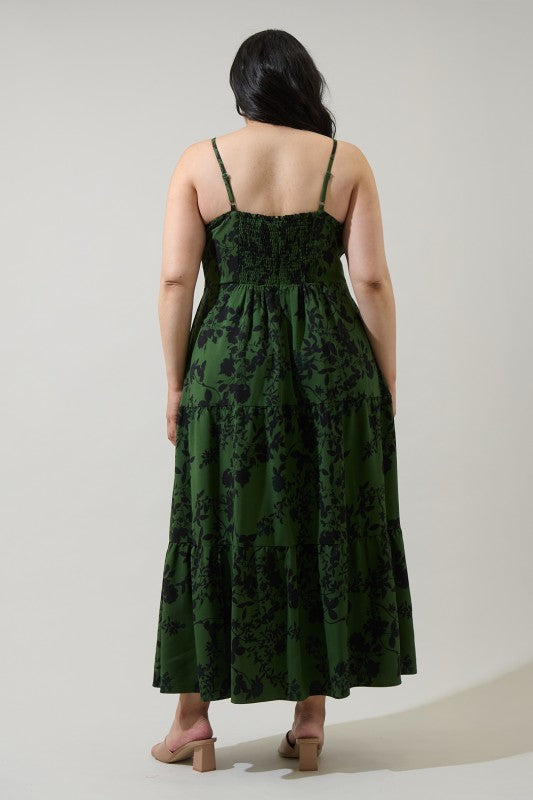 Plus Size Floral Green and Black Tiered Maxi Dress Curve