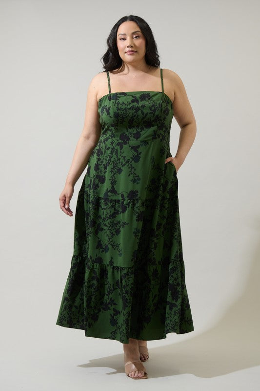 Plus Size Floral Green and Black Tiered Maxi Dress Curve