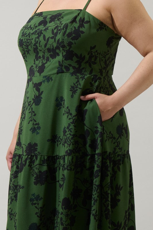 Plus Size Floral Green and Black Tiered Maxi Dress Curve