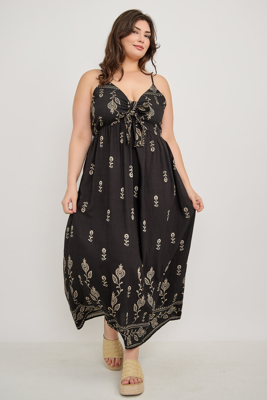 Plus Size Womens Boho Tie Front Maxi Dress Black Plus Size Womens Boho Tie Front Maxi Dress Black