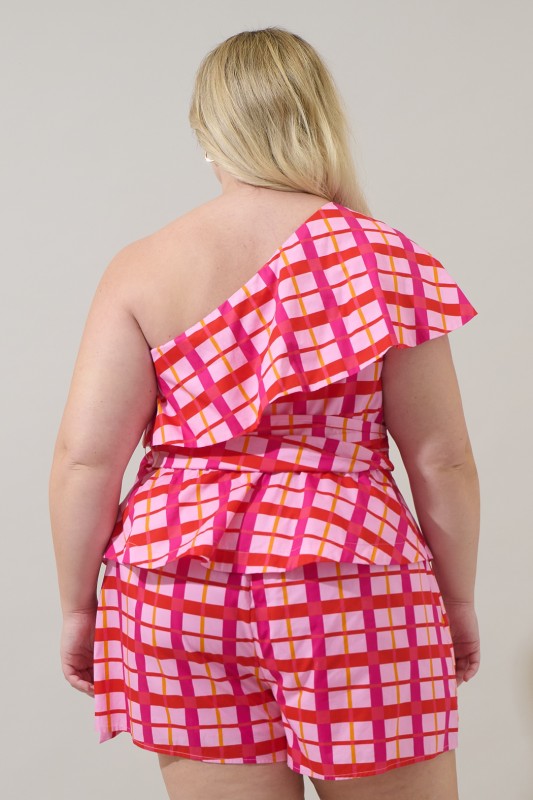 Plus Size Sugar Lips Darvy Checker Gris One Shoulder Top Curve