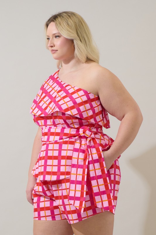 Plus Size Sugar Lips Darvy Checker Gris One Shoulder Top Curve