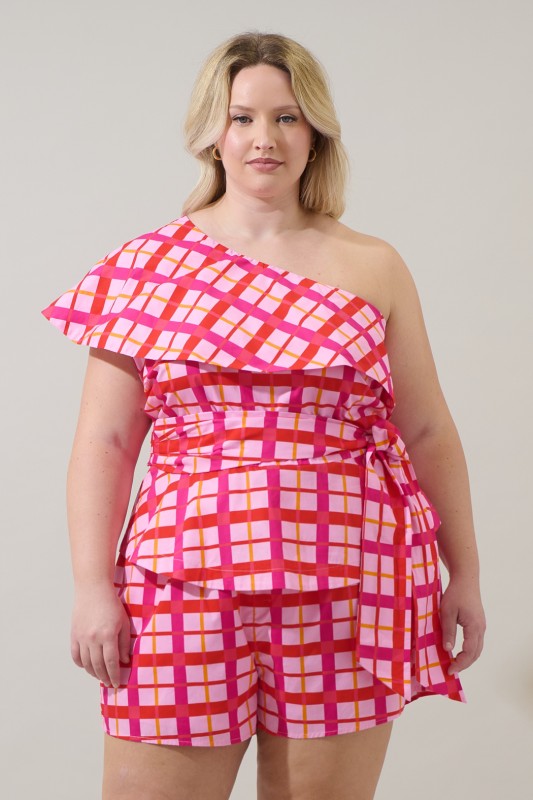 Plus Size Sugar Lips Darvy Checker Gris One Shoulder Top Curve