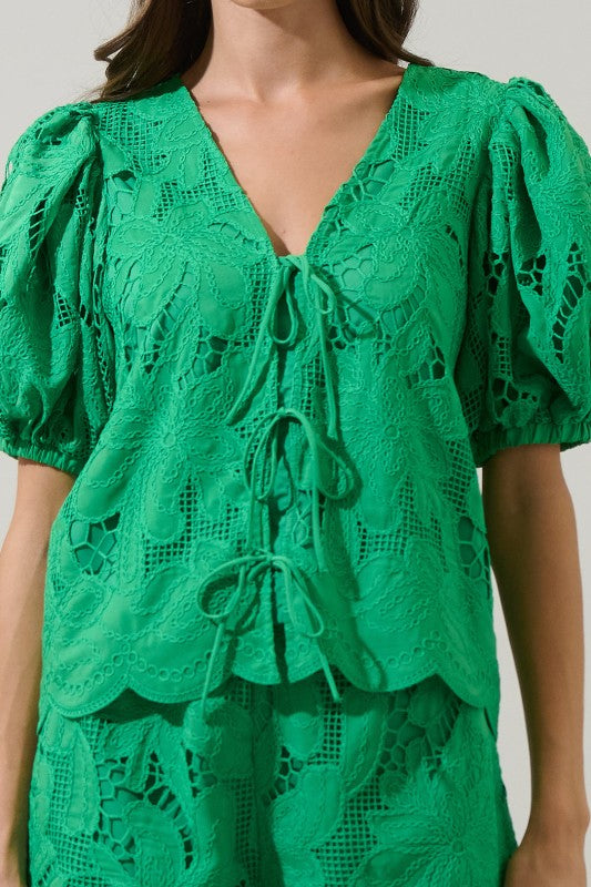 Womens Sugarlips Friona Eyelet Puff Sleeve Top
