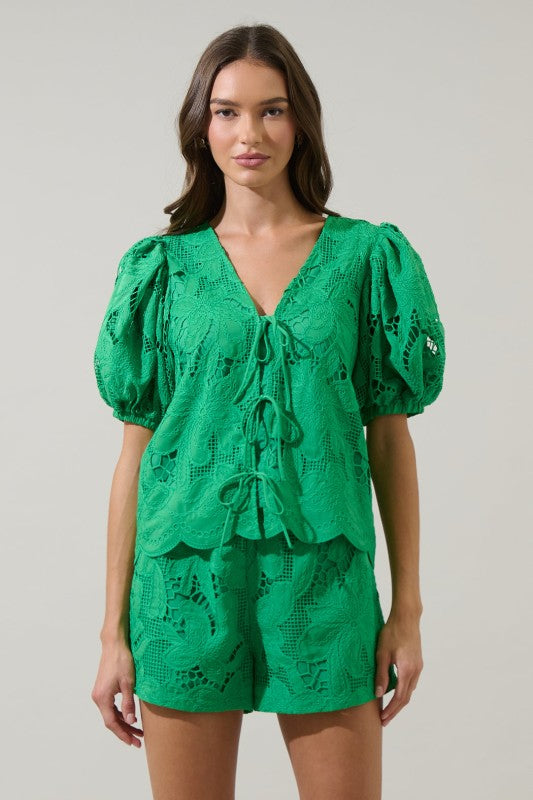 Womens Sugarlips Friona Eyelet Puff Sleeve Top