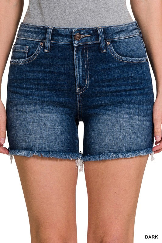 Womens Dark Wash Mid Rise Frayed Hem Denim Jean Shorts