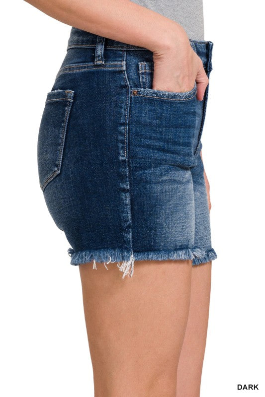 Womens Dark Wash Mid Rise Frayed Hem Denim Jean Shorts