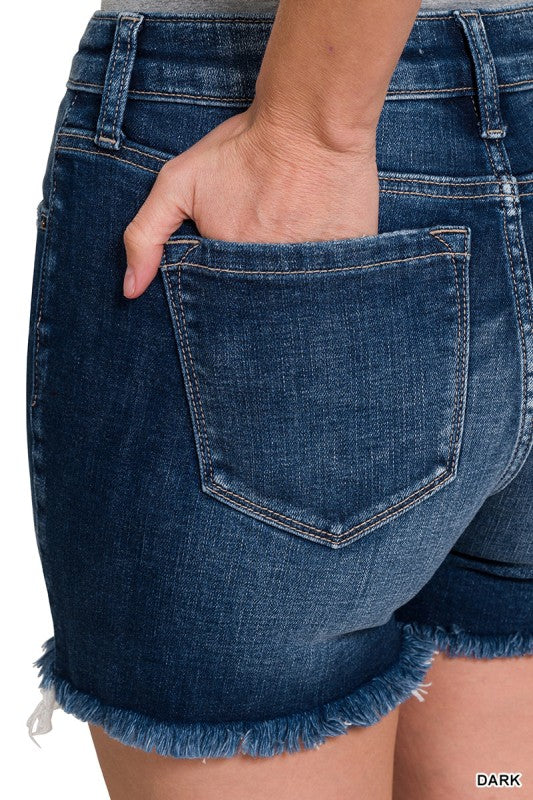 Womens Dark Wash Mid Rise Frayed Hem Denim Jean Shorts