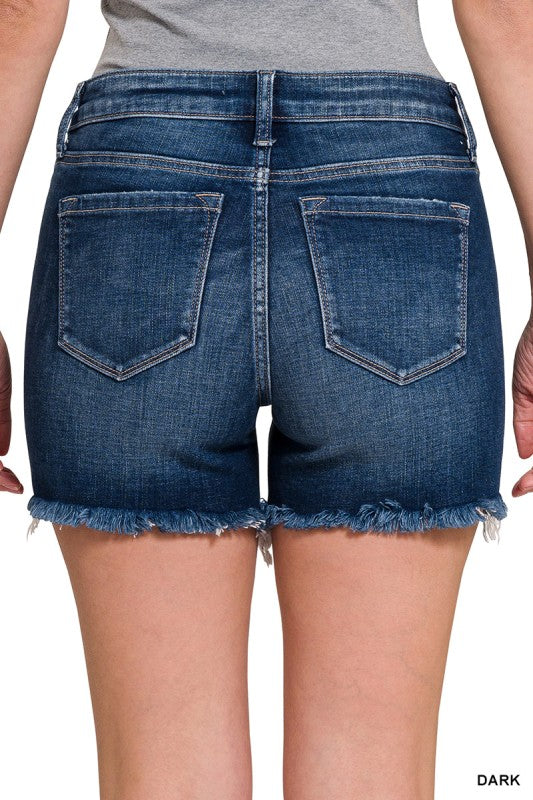 Womens Dark Wash Mid Rise Frayed Hem Denim Jean Shorts