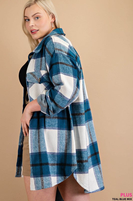 Plus Size plaid warm shacket in teal