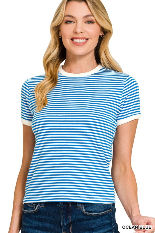 Womens Striped Contrast Trim Tee