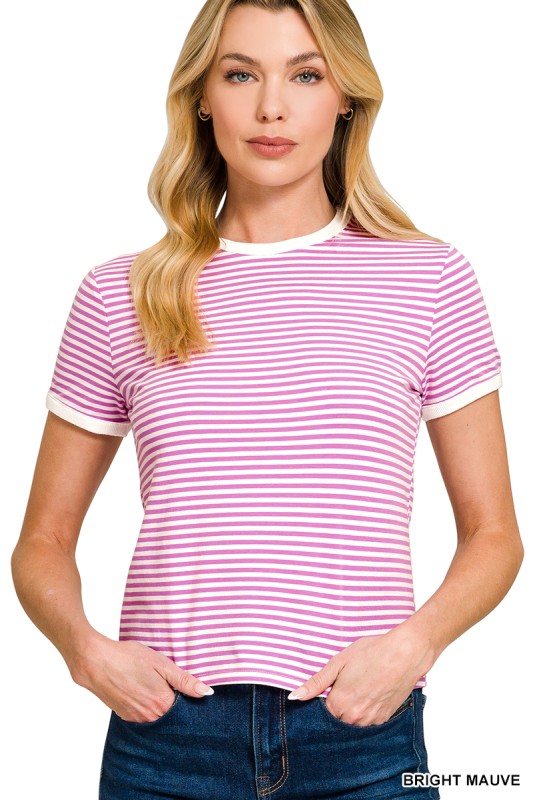 Womens Striped Contrast Trim Tee