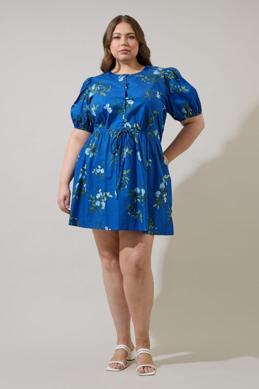 Plus Size Sugar Lips Sendra Floral Alba Puff Sleeve Mini Dress Curve