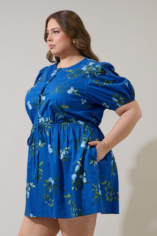 Plus Size Sugar Lips Sendra Floral Alba Puff Sleeve Mini Dress Curve