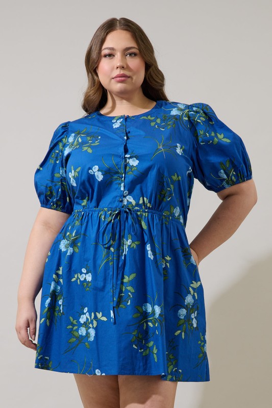 Plus Size Sugar Lips Sendra Floral Alba Puff Sleeve Mini Dress Curve