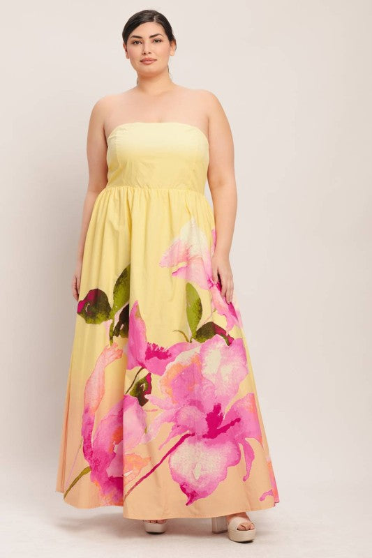 Flying tomato Plus Size butter yellow maxi dress with floral