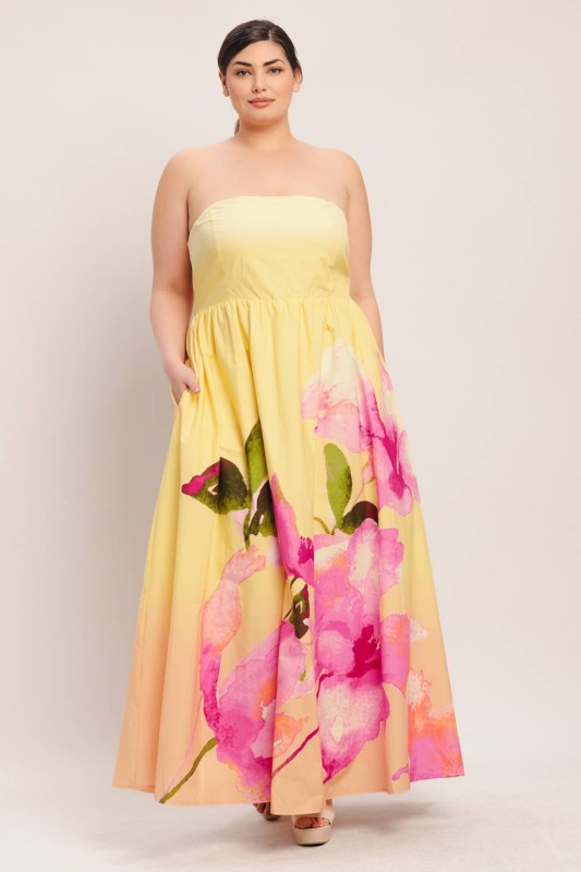 Flying tomato Plus Size butter yellow maxi dress with floral