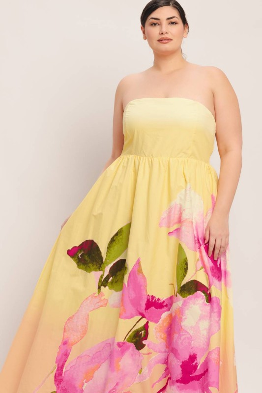 Flying tomato Plus Size butter yellow maxi dress with floral