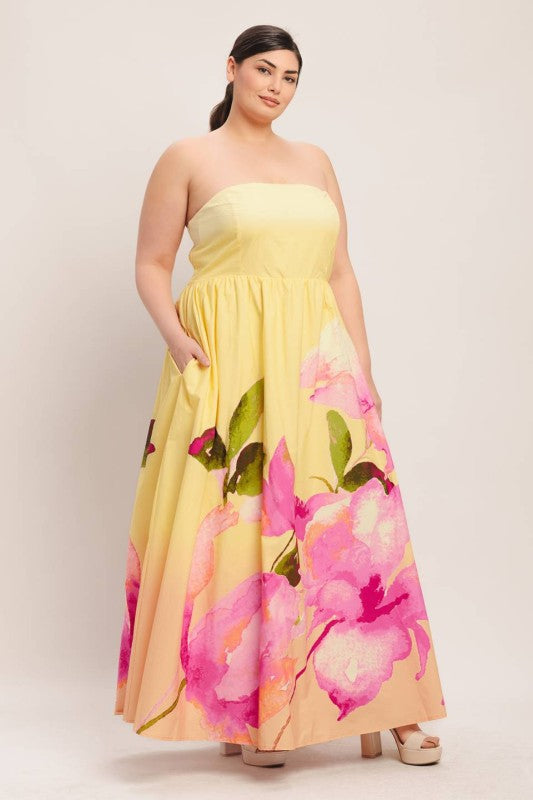 Flying tomato Plus Size butter yellow maxi dress with floral