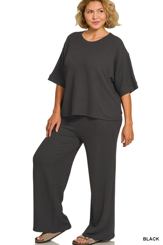 Plus Size Ribbed Short Sleeve Pant Set