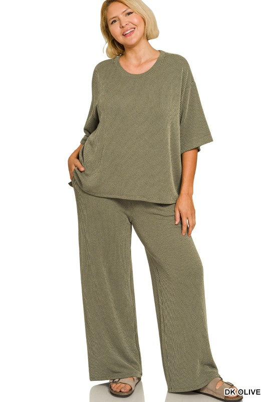 Plus Size Ribbed Short Sleeve Pant Set