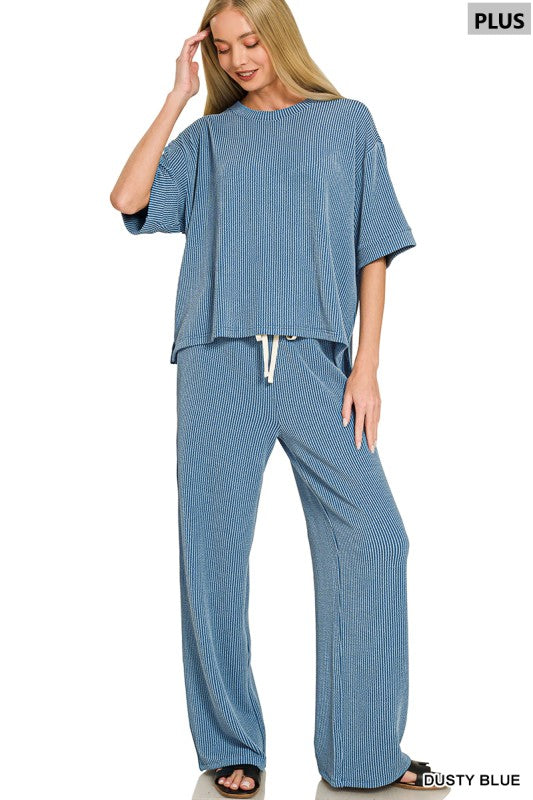 Plus Size Ribbed Short Sleeve Pant Set