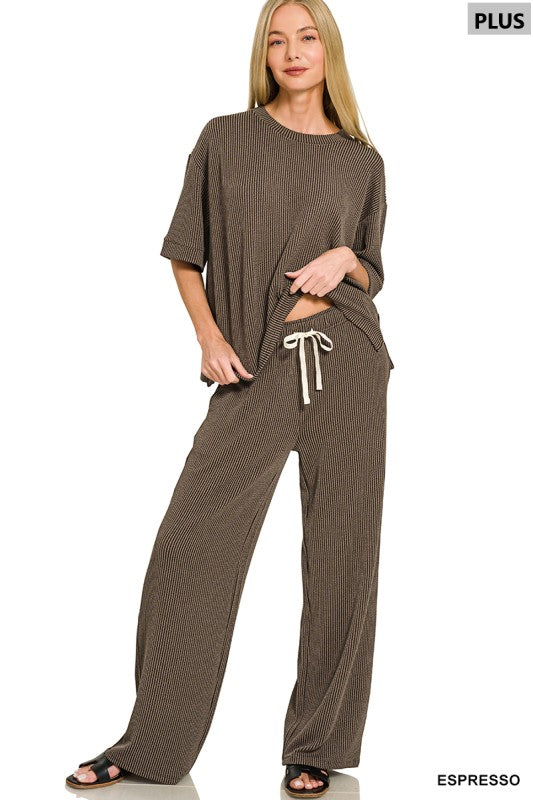 Plus Size Ribbed Short Sleeve Pant Set