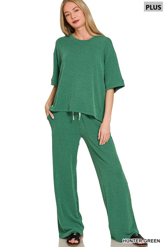 Plus Size Ribbed Short Sleeve Pant Set