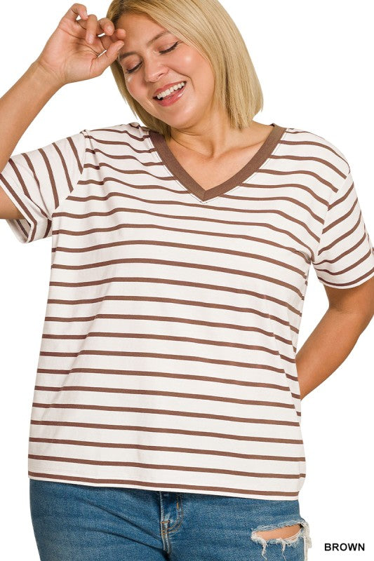 Plus Size Zenana V-Neck tshirt Striped