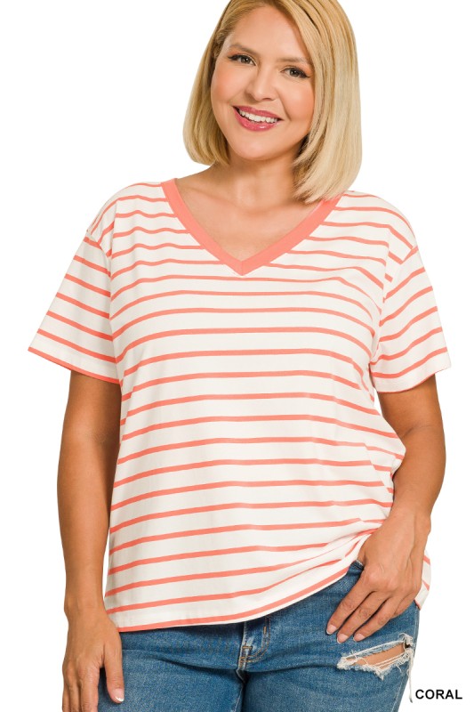 Plus Size Zenana V-Neck tshirt Striped