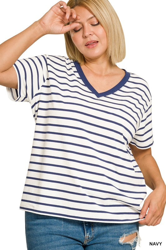 Plus Size Zenana V-Neck tshirt Striped